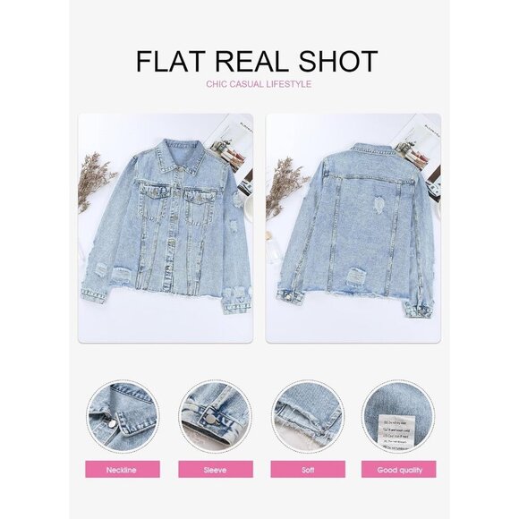 Women's Boyfriend Washed Crop Denim Jean Jacket Coat Casual Slim Fit Sky Blue - Picture 5 of 6